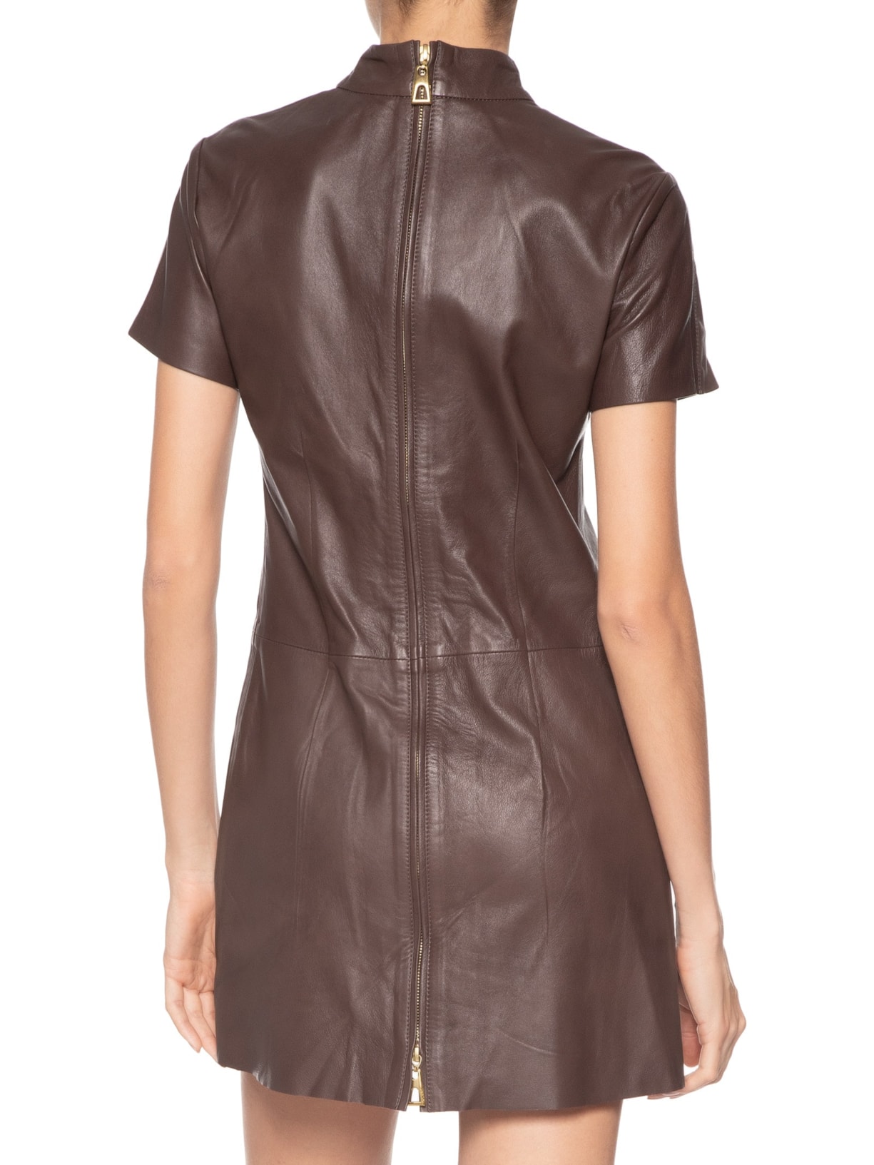 Vestido De Couro Curto Gola Alta Marrom Animale