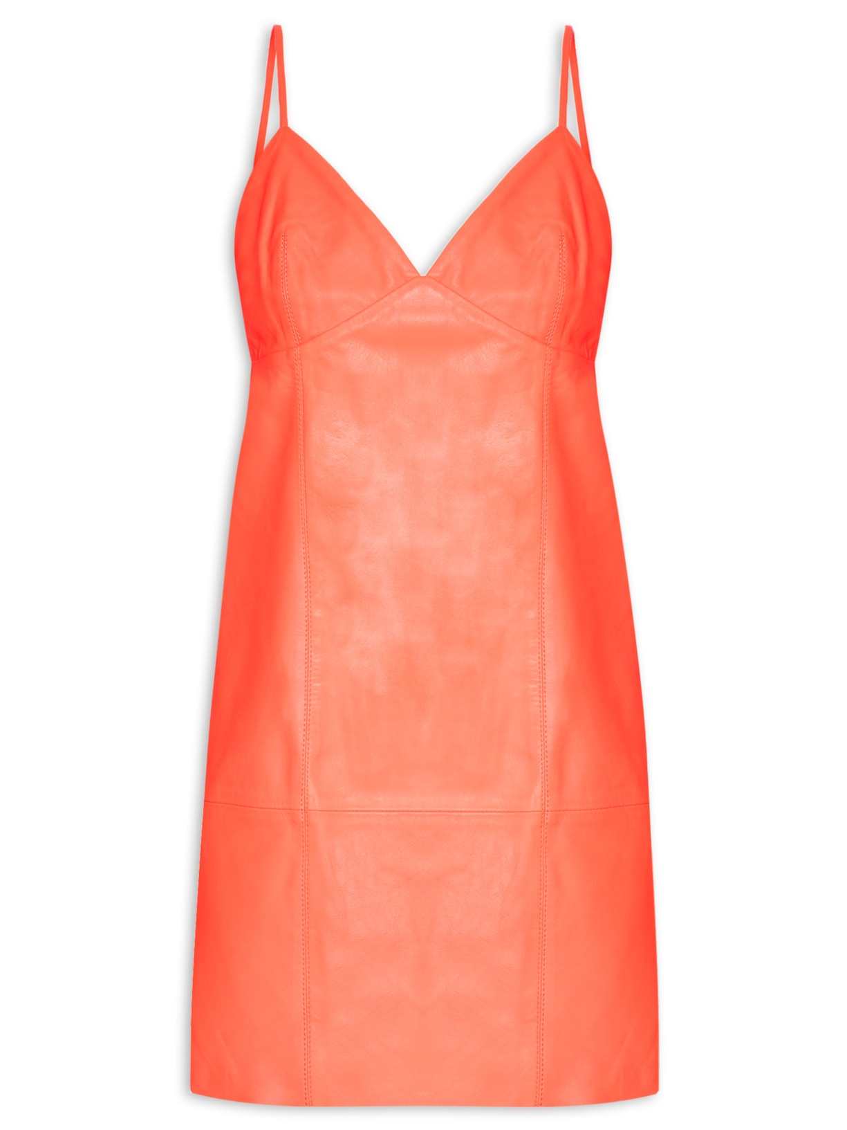 Vestido De Couro Curto Recortes Pesponto - Laranja