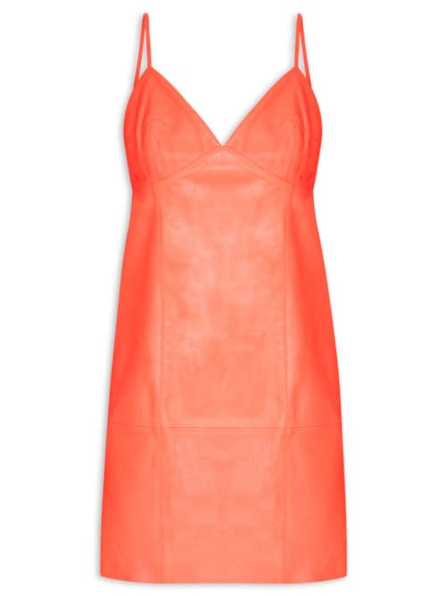 Vestido De Couro Curto Recortes Pesponto - Laranja