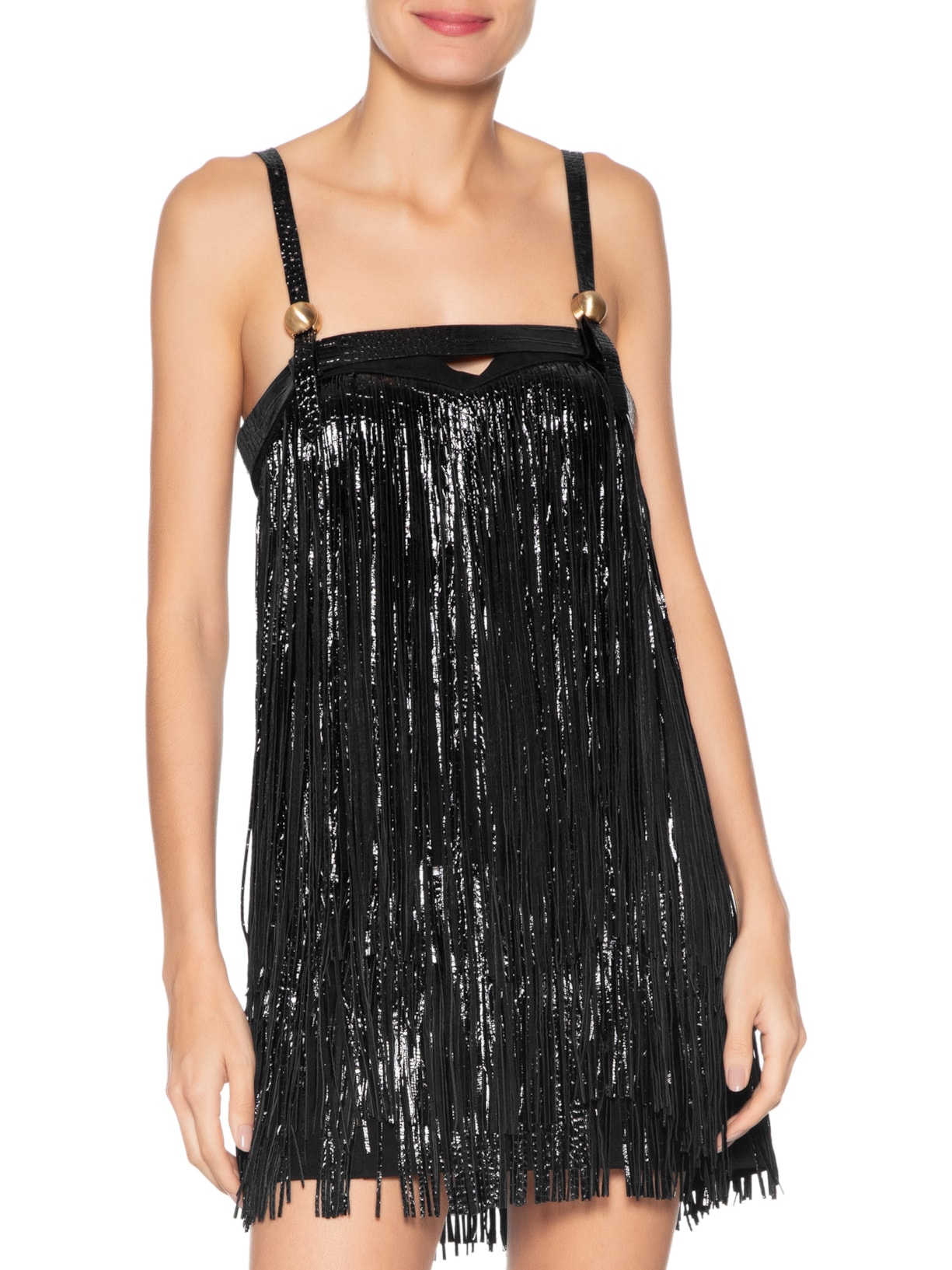 Vestido De Couro e Chamois Com Franjas Preto Animale