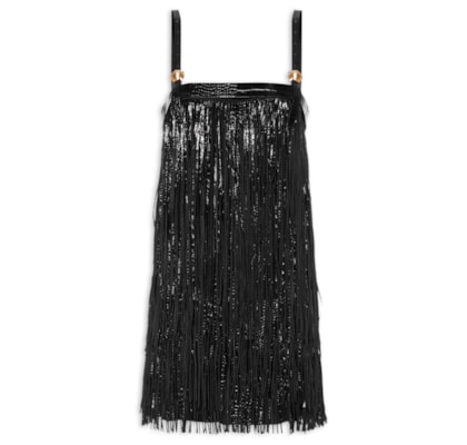 Vestido De Couro e Chamois Com Franjas - Preto