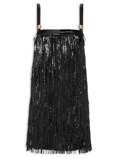 Vestido De Couro e Chamois Com Franjas - Preto