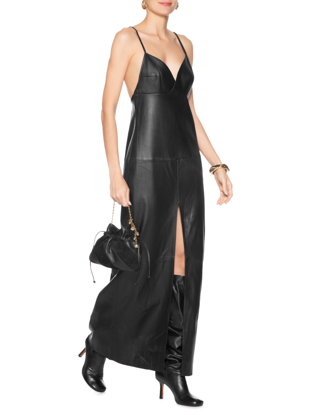 Vestido De Couro Longo Busto Pespontos Preto Animale