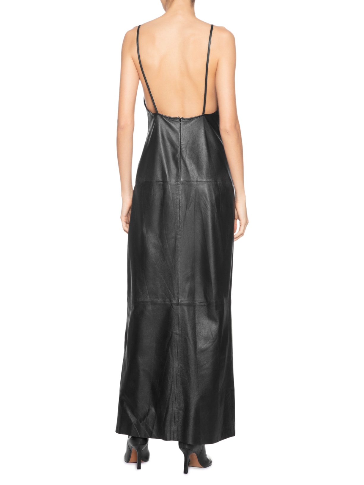 Vestido De Couro Longo Busto Pespontos Preto Animale