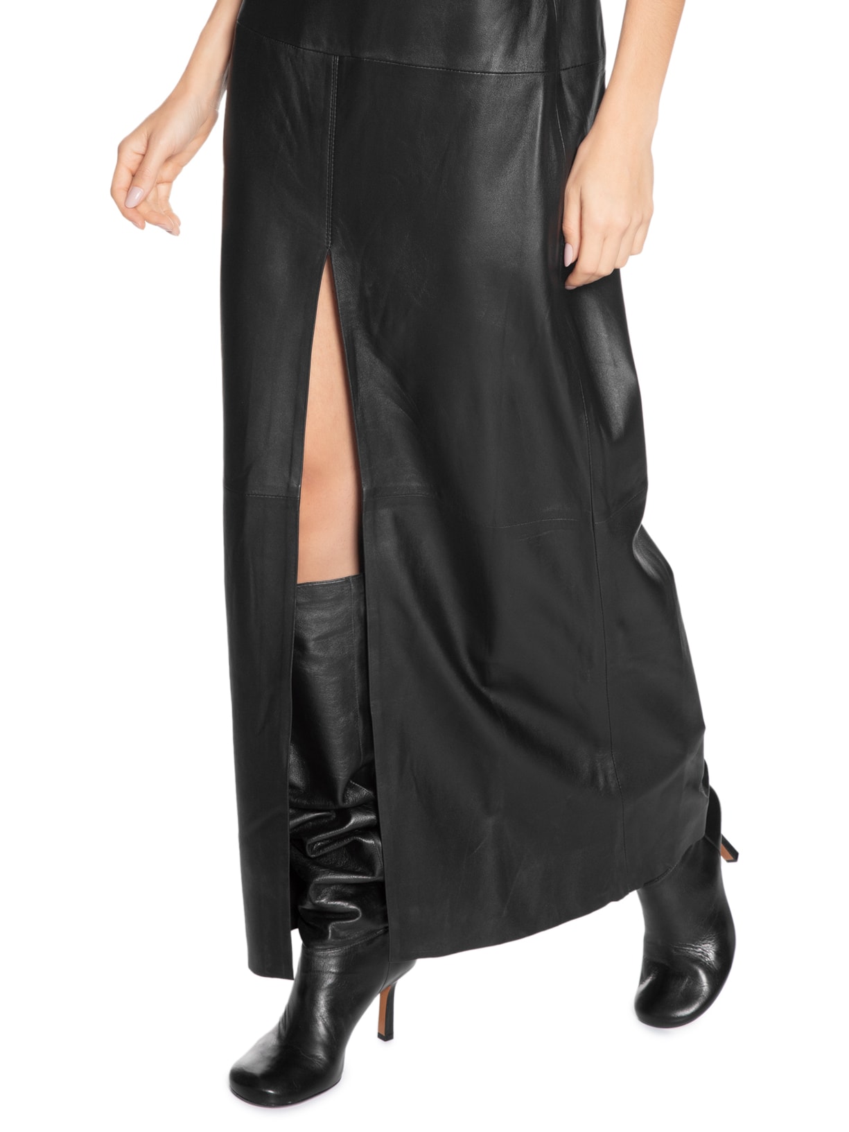 Vestido De Couro Longo Busto Pespontos Preto Animale