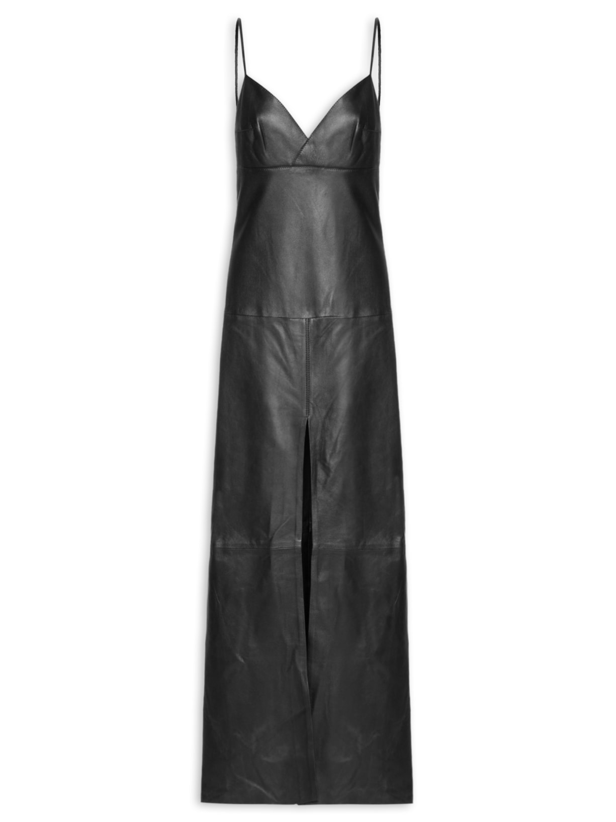 Vestido De Couro Longo Busto Pespontos Preto Animale