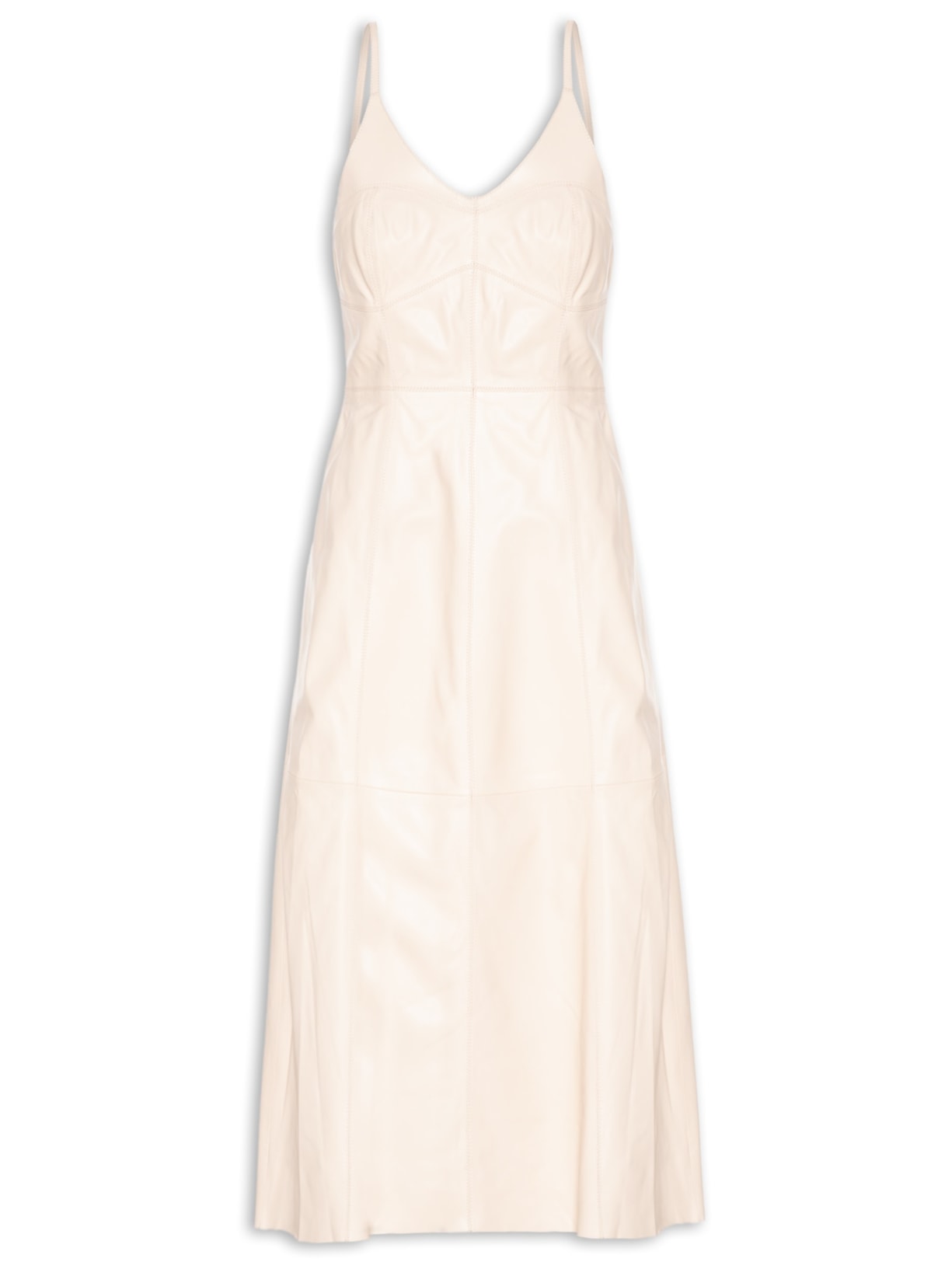 Vestido De Couro Midi Alça Recortes - Bege