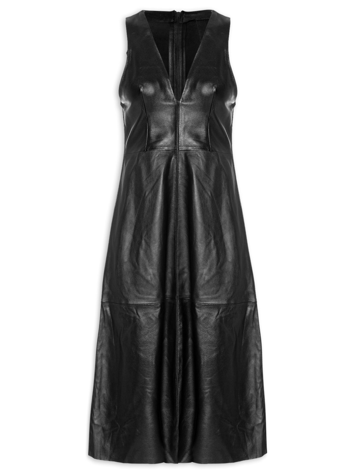 Vestido De Couro Midi Básico Clássico Preto Animale