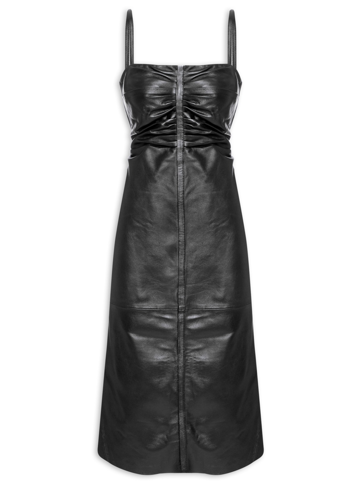 Vestido De Couro Midi Franzido Alça Removível - Preto