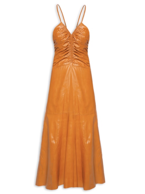 Vestido De Couro Midi Franzido - Marrom