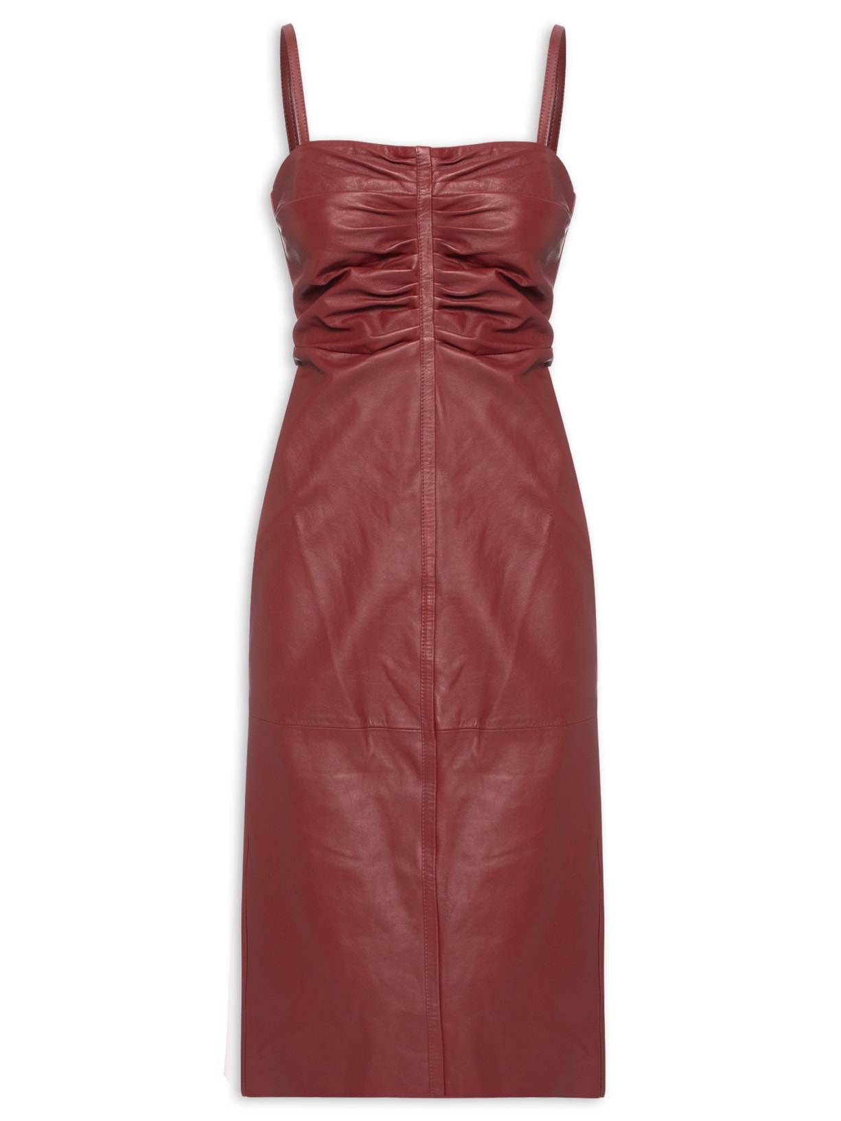 Vestido De Couro Midi Franzido - Vinho