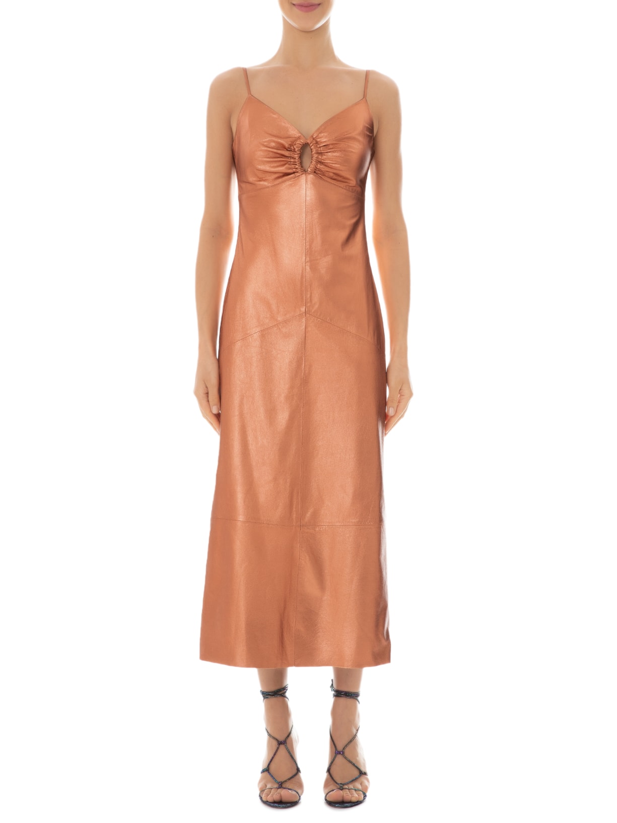 Vestido De Couro Midi Metalizado Dourado Animale