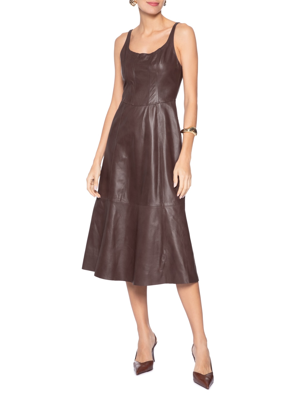 Vestido De Couro Midi Regata Corset Marrom Animale