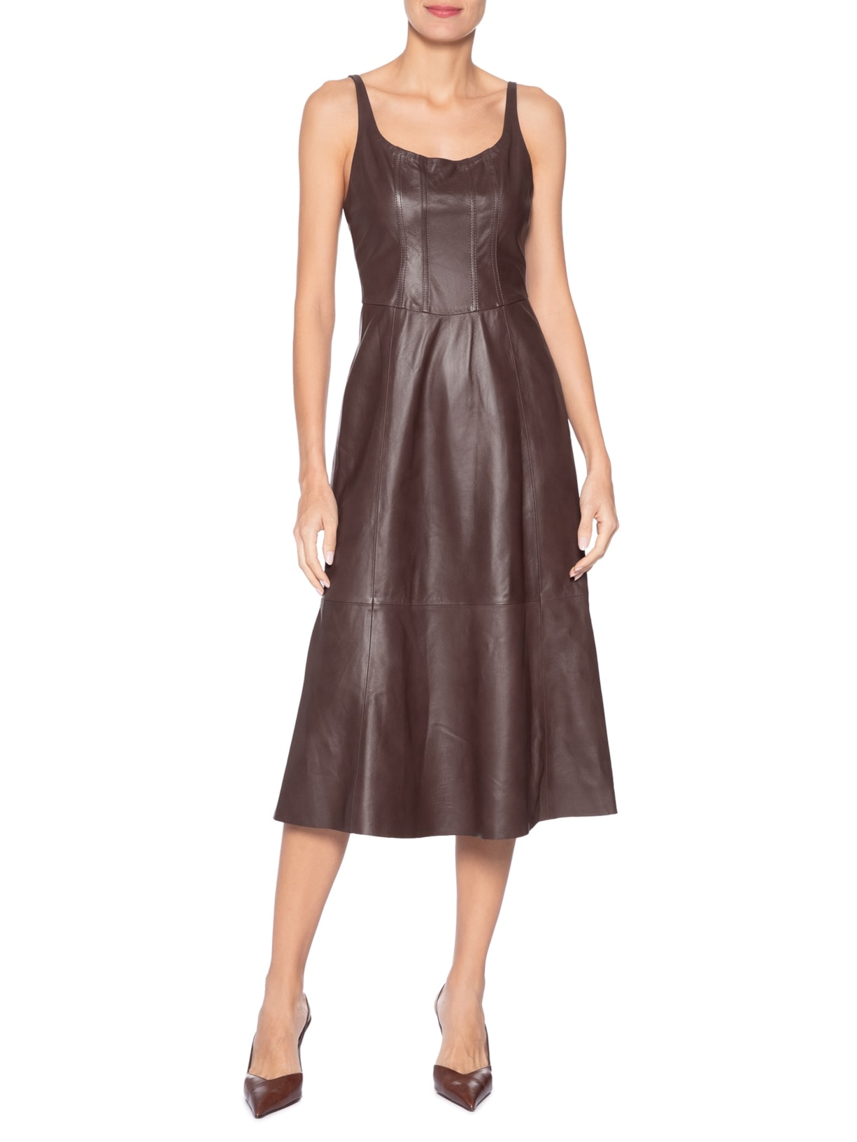 Vestido De Couro Midi Regata Corset Marrom Animale