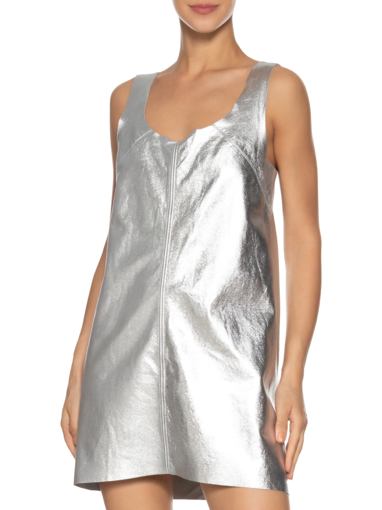 Vestido De Couro Regata Básico Metalizado Prateado Animale