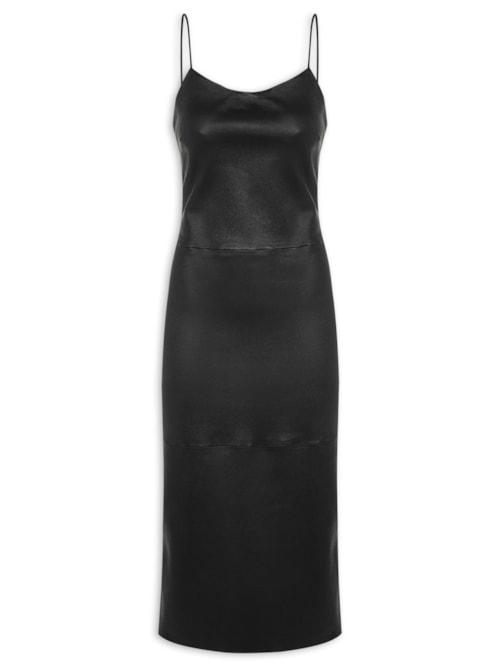 Vestido De Couro Stretch Midi Recorte - Preto