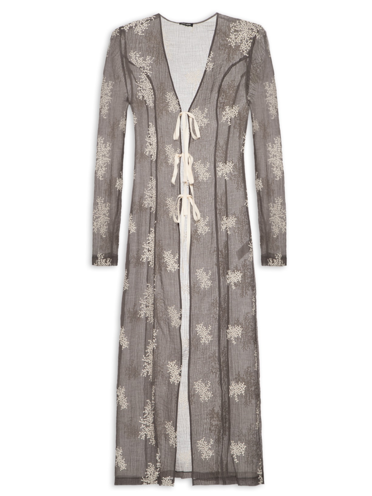 Vestido De Gaze Bordada Com Amarrações - Cinza