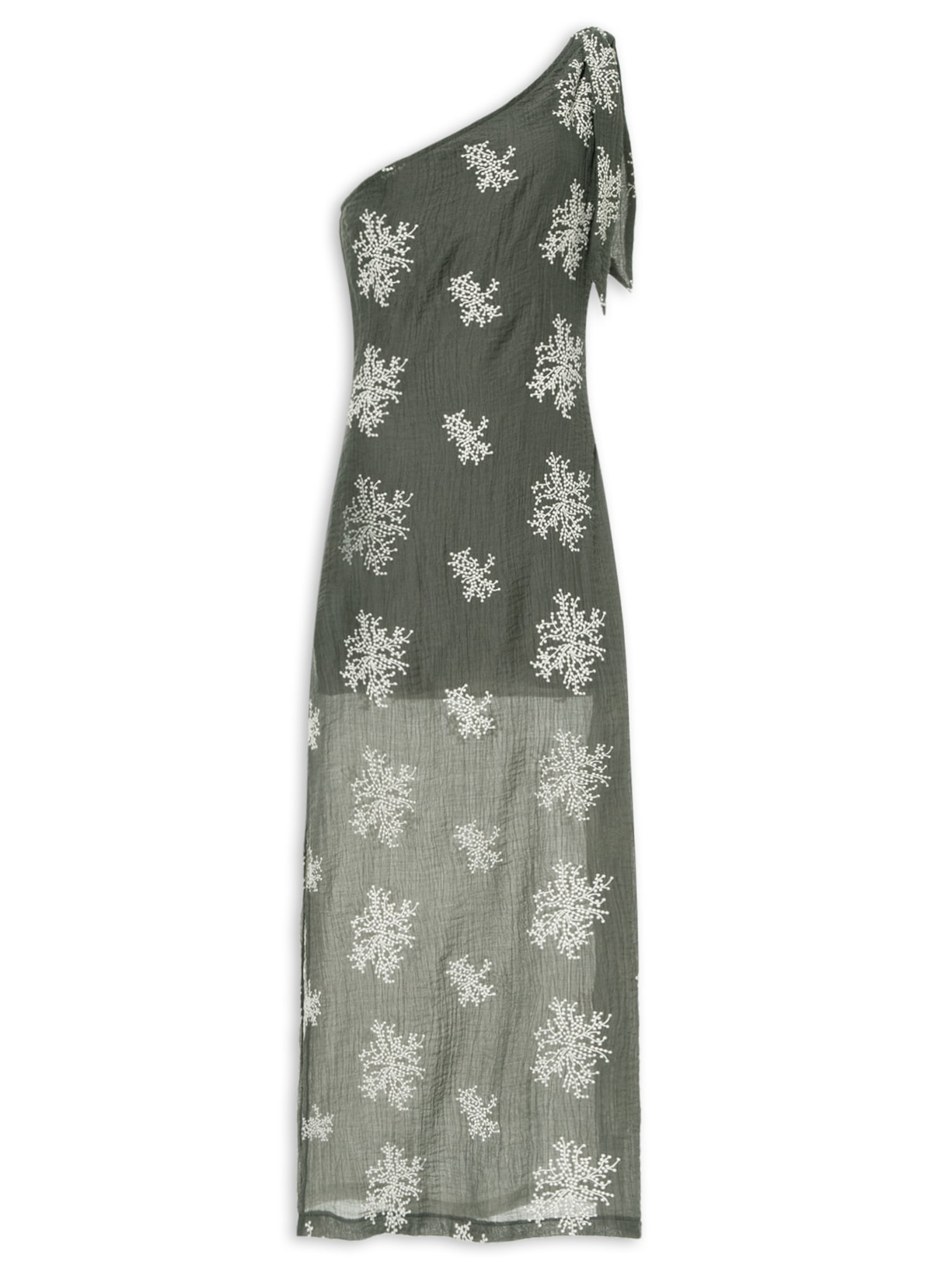 Vestido De Gaze Bordada Com Ombro Único - Cinza