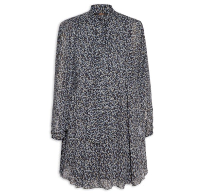 Vestido De Georgette Curto Manga Longa Estampado - Azul