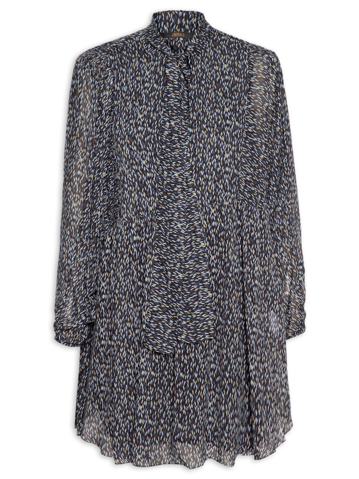 Vestido De Georgette Curto Manga Longa Estampado - Azul