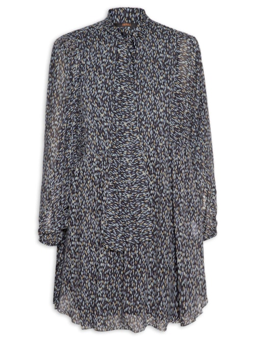 Vestido De Georgette Curto Manga Longa Estampado - Azul