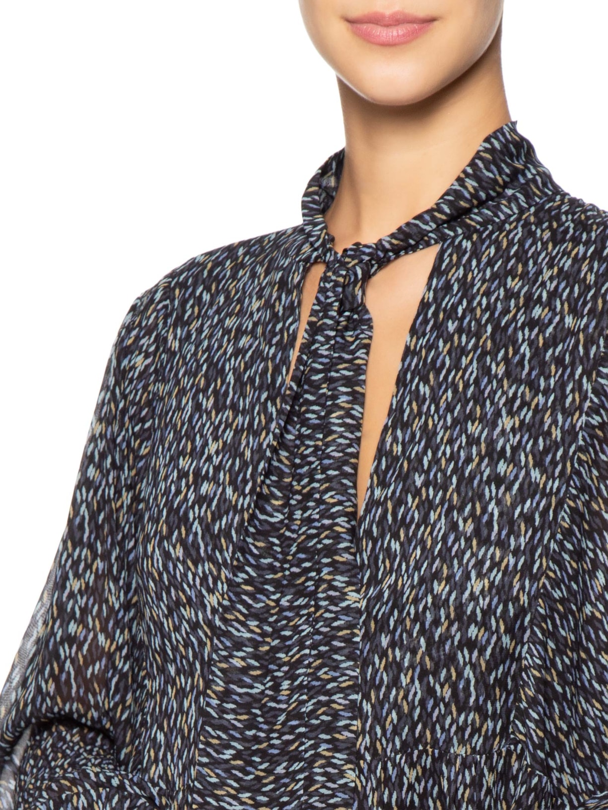 Vestido De Georgette Curto Manga Longa Estampado Azul Animale
