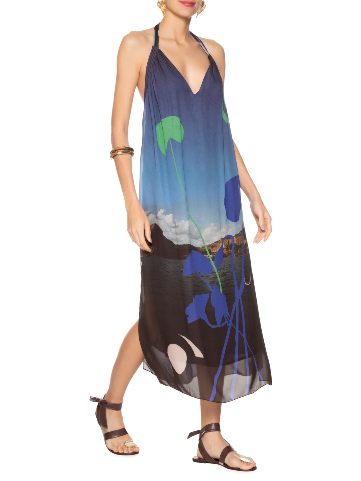 Vestido De Georgette Leve Longo Frente Única Estampado Azul Animale