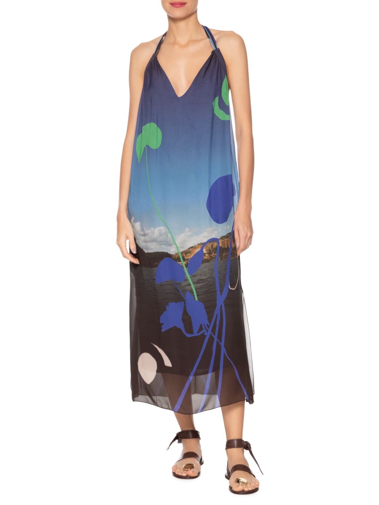Vestido De Georgette Leve Longo Frente Única Estampado Azul Animale
