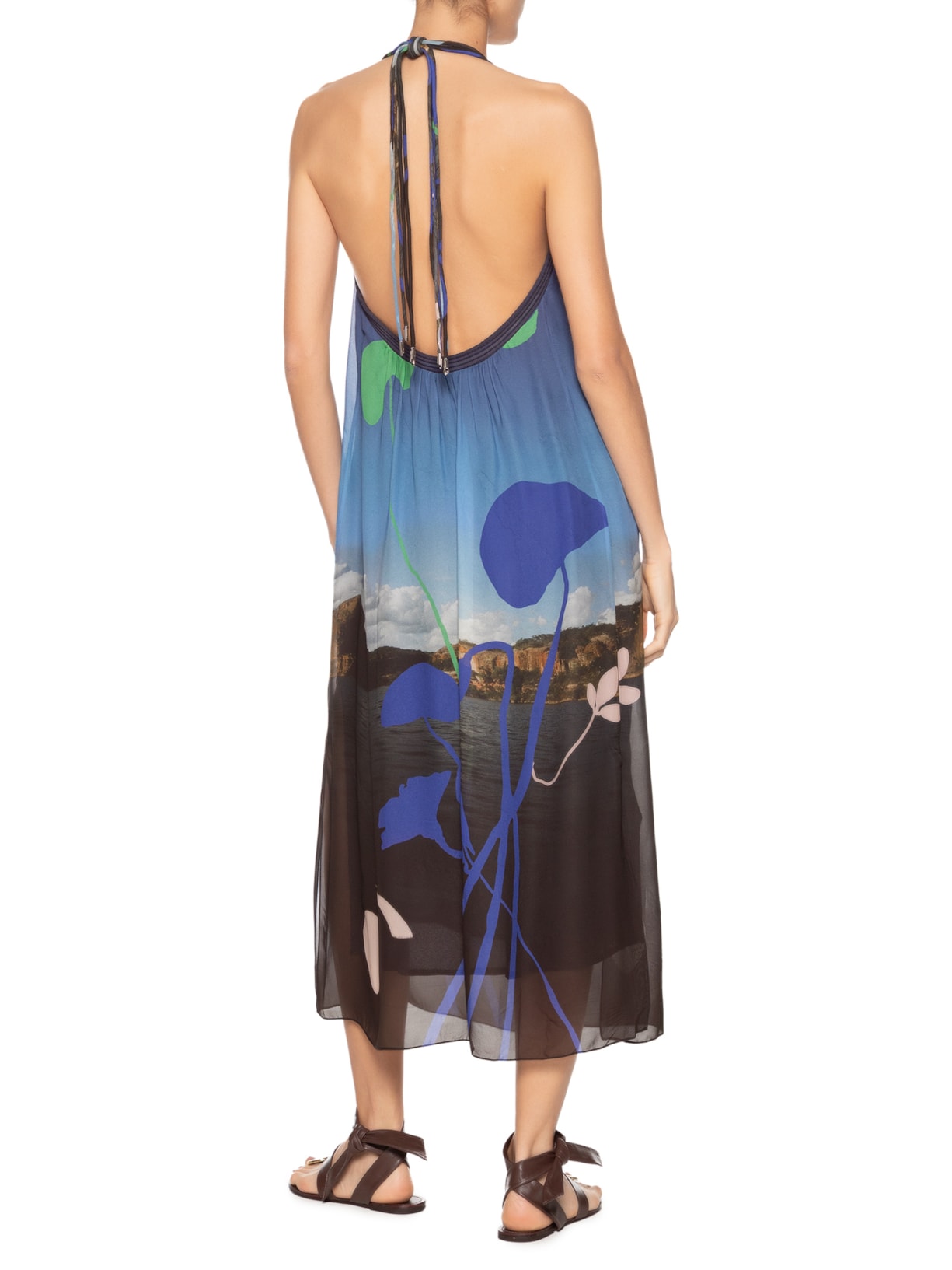 Vestido De Georgette Leve Longo Frente Única Estampado Azul Animale