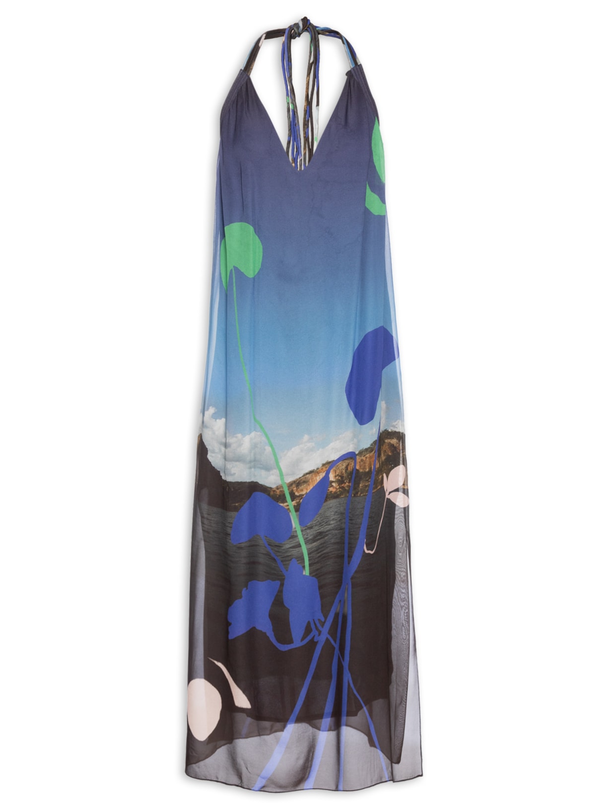 Vestido De Georgette Leve Longo Frente Única Estampado Azul Animale