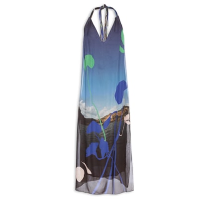 Vestido De Georgette Leve Longo Frente Única Estampado - Azul