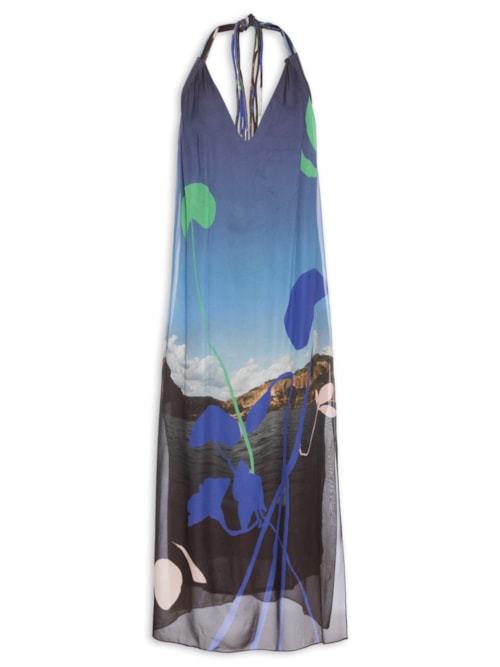 Vestido De Georgette Leve Longo Frente Única Estampado - Azul