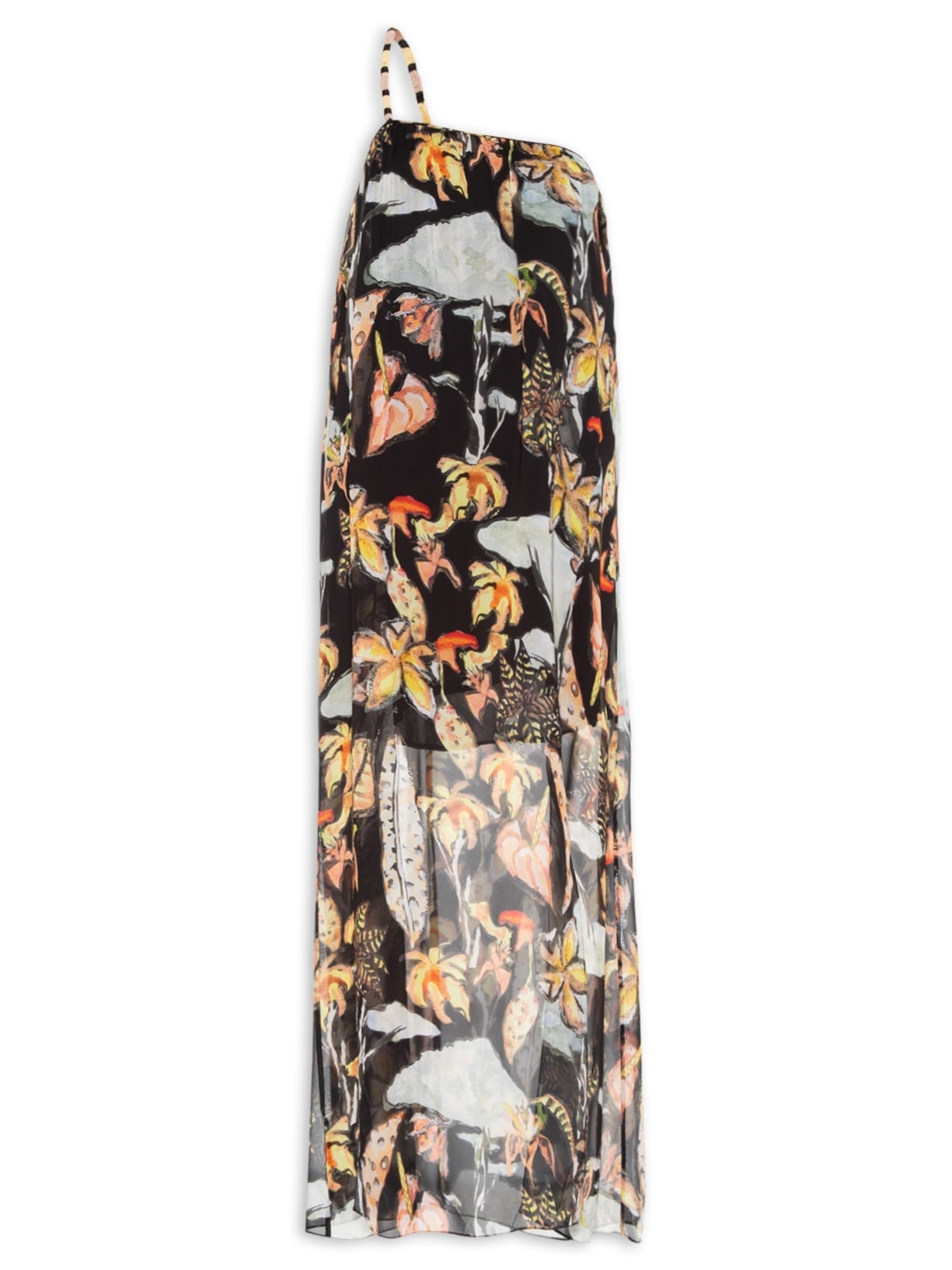 Vestido De Georgette Leve Midi Um Ombro So Alça Bordada - Preto