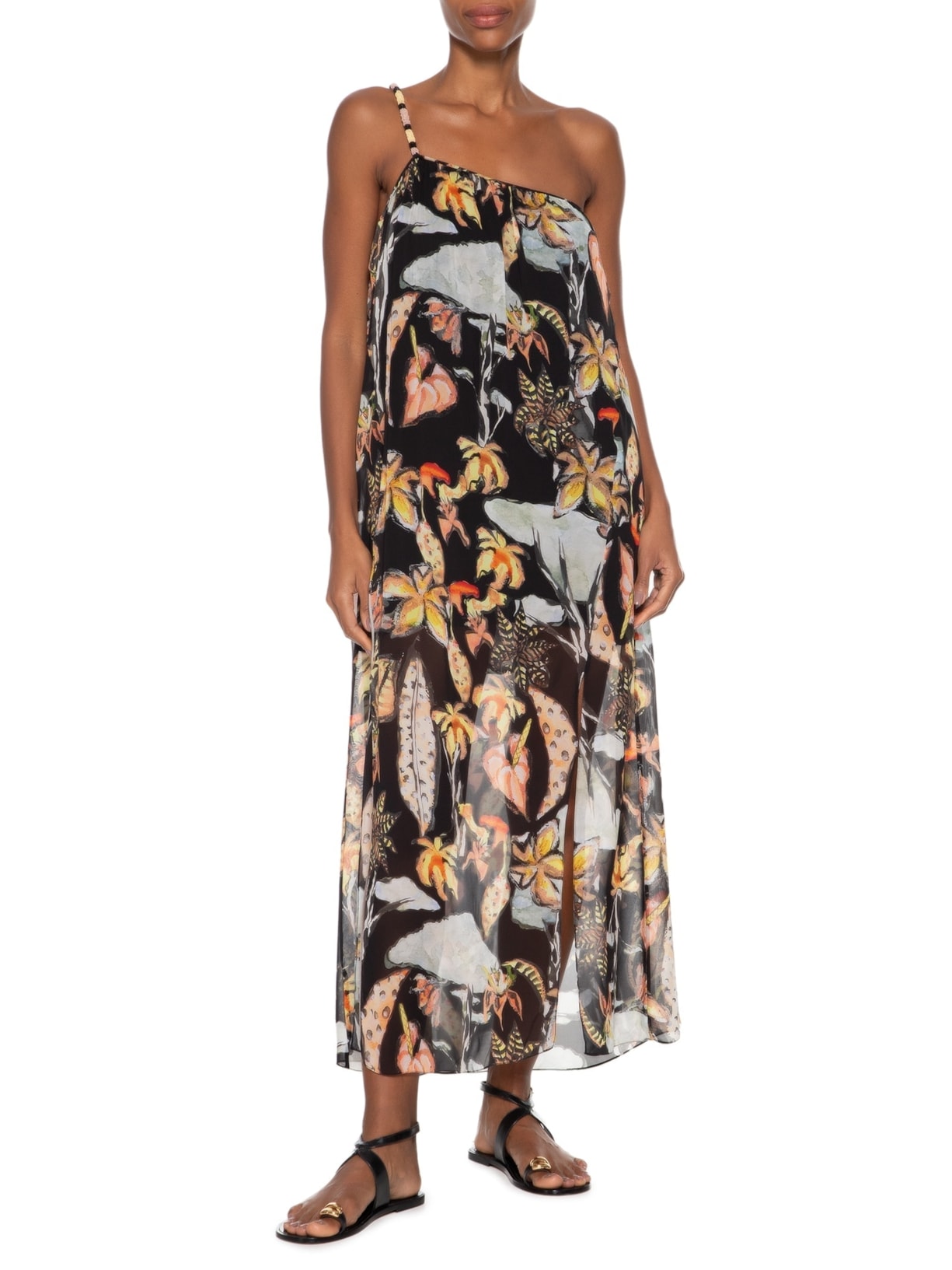 Vestido De Georgette Leve Midi Um Ombro So Alça Bordada Preto Animale