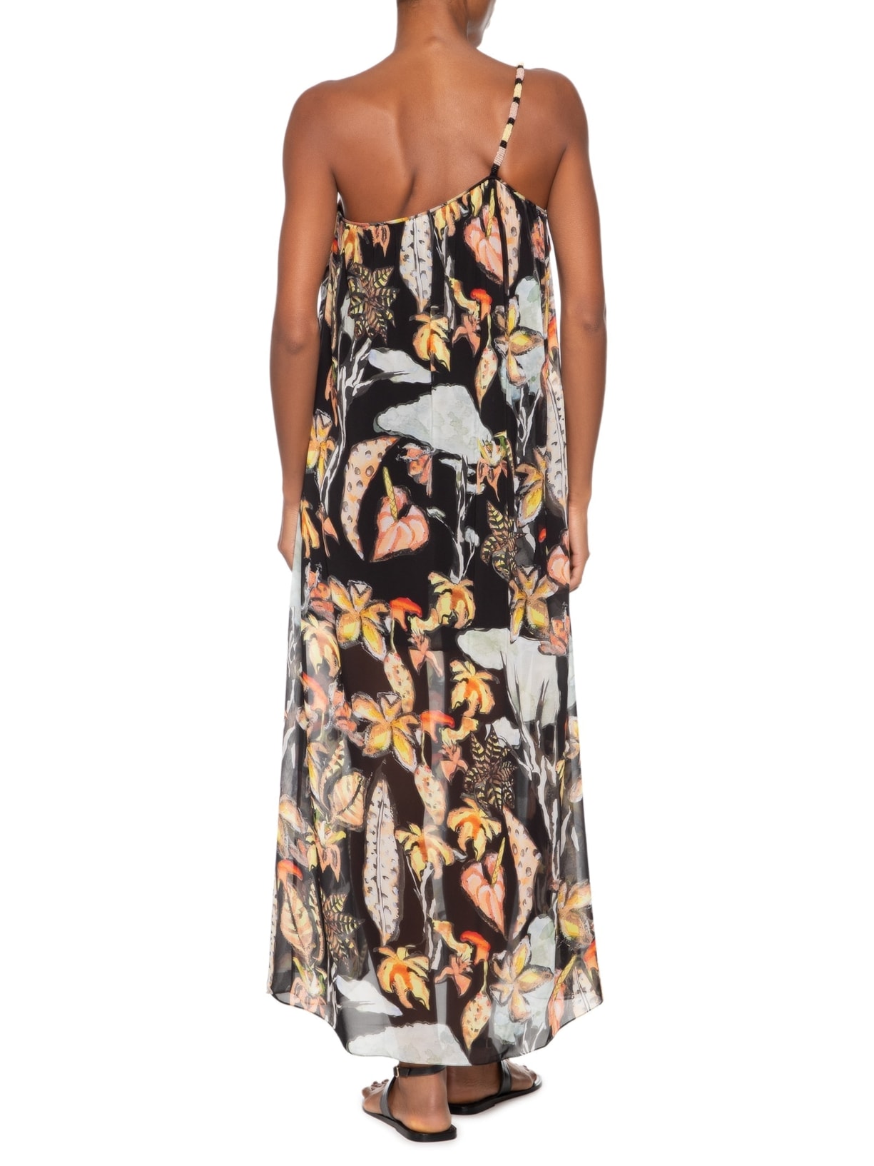 Vestido De Georgette Leve Midi Um Ombro So Alça Bordada Preto Animale