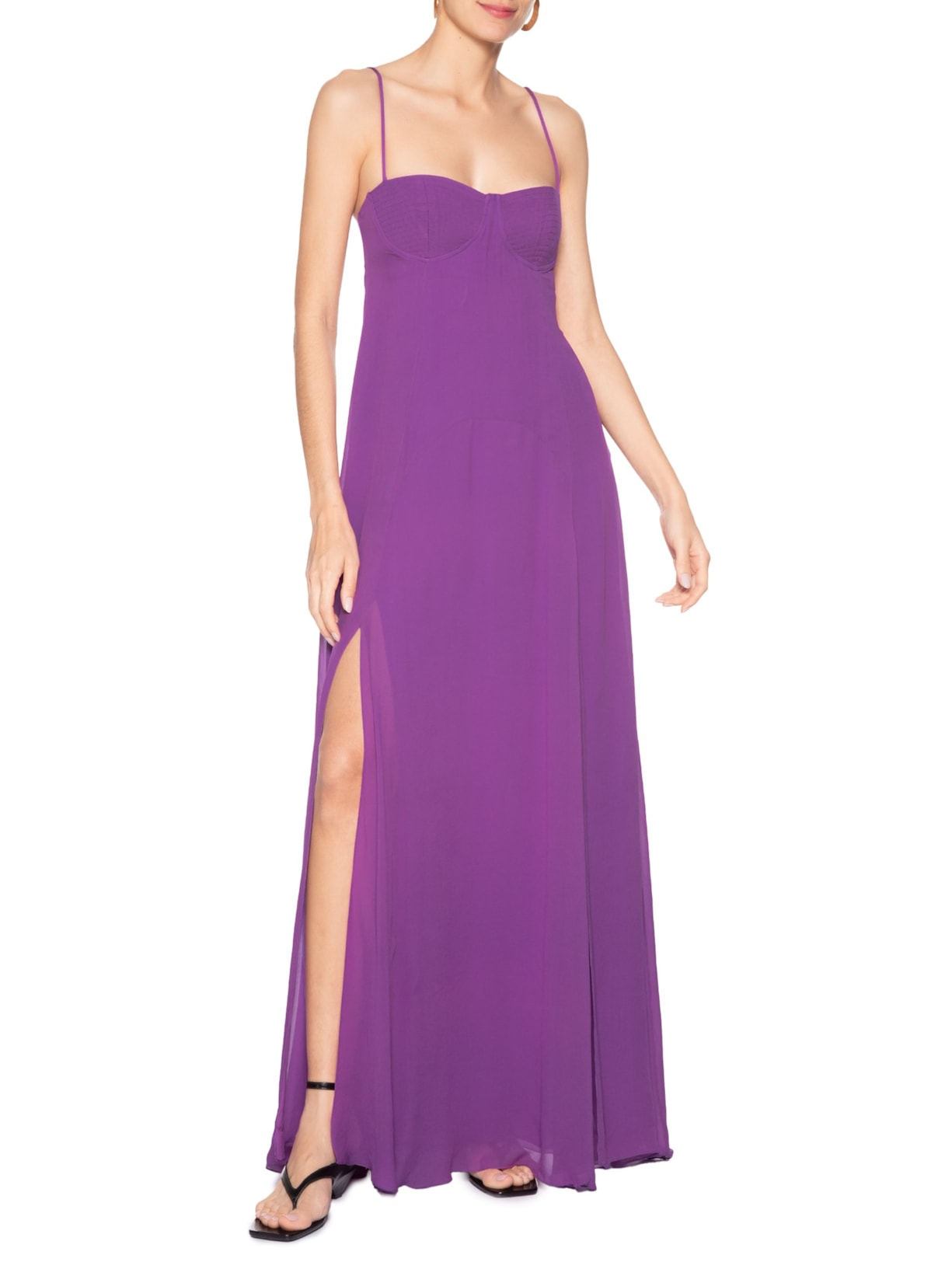 Vestido De Georgette Longo De Alcinha Roxo Com Fendas Roxo Animale
