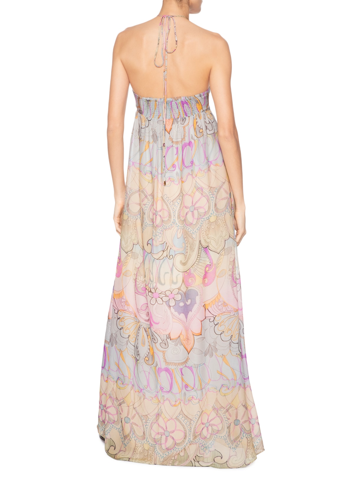 Vestido De Georgette Longo Estampada Busto Franzido Rosa Animale