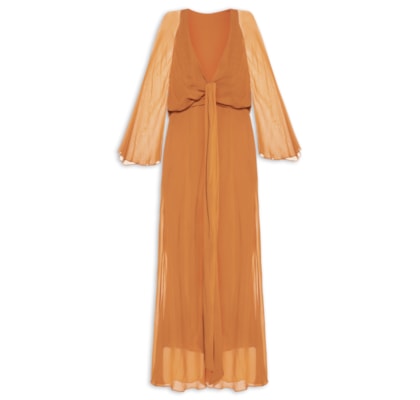 Vestido De Georgette Longo Kimono Decote Profundo - Laranja
