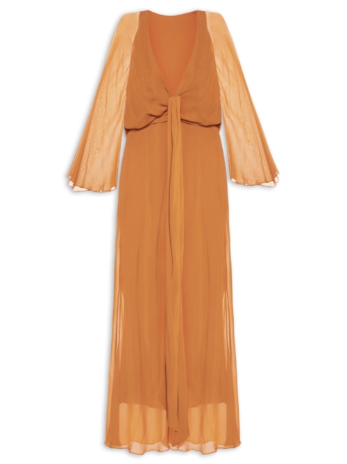 Vestido De Georgette Longo Kimono Decote Profundo - Laranja