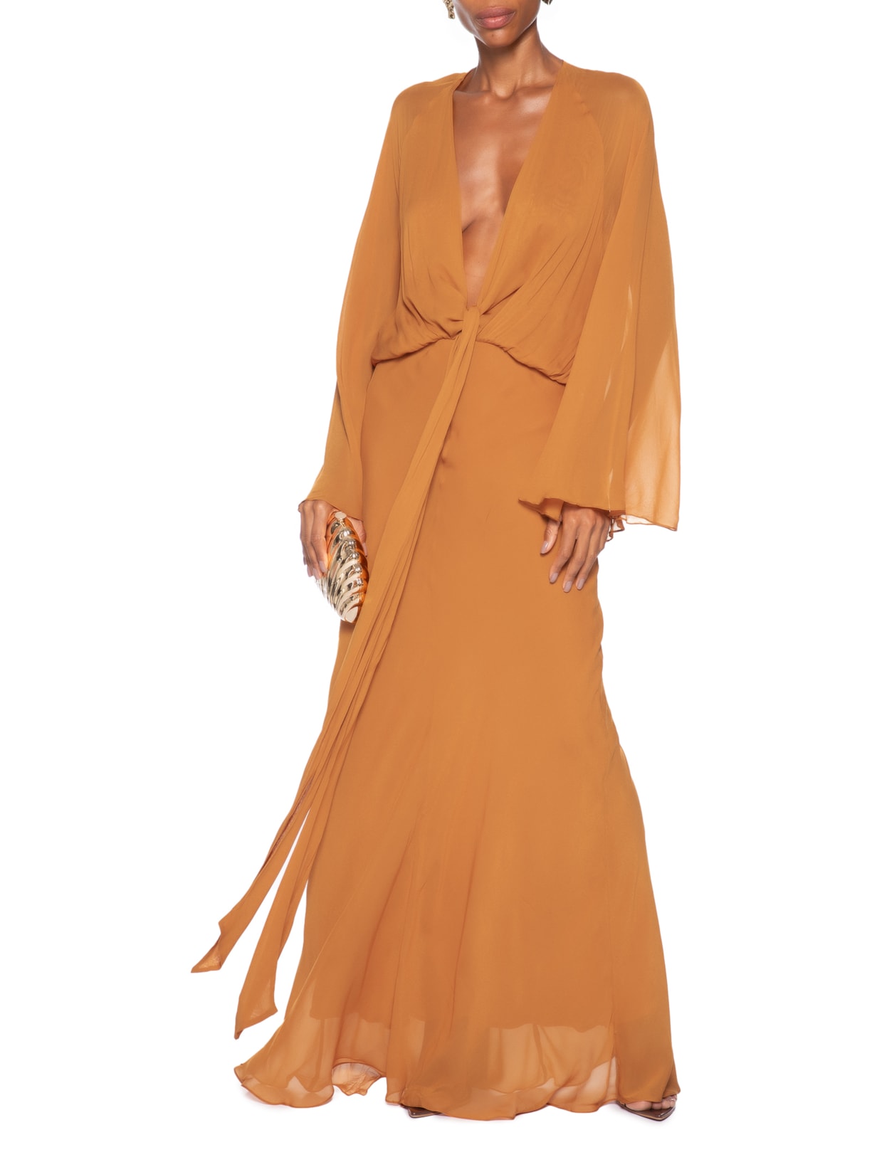 Vestido De Georgette Longo Kimono Decote Profundo Laranja Animale