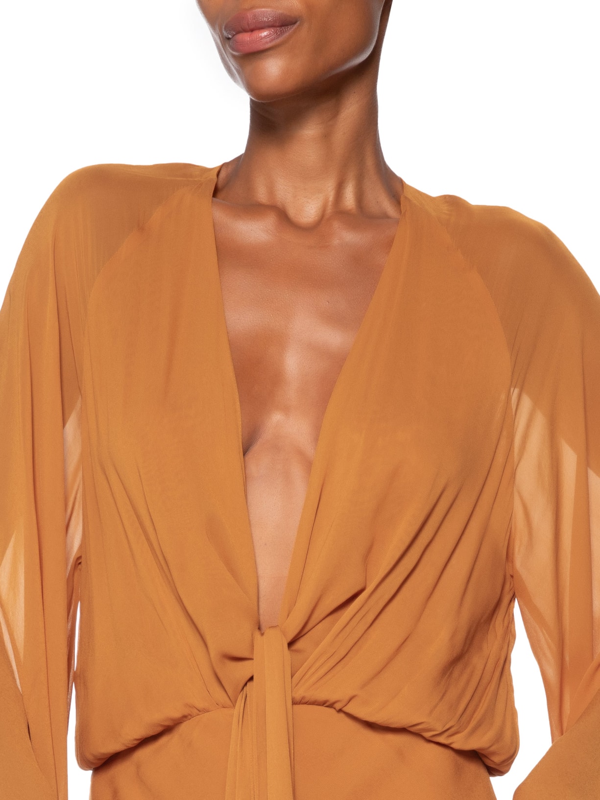 Vestido De Georgette Longo Kimono Decote Profundo Laranja Animale