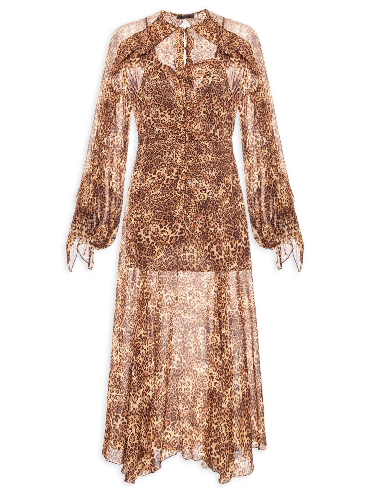 Vestido De Georgette Longo Manga Longo Estampado Nesgas Animal Print Animale