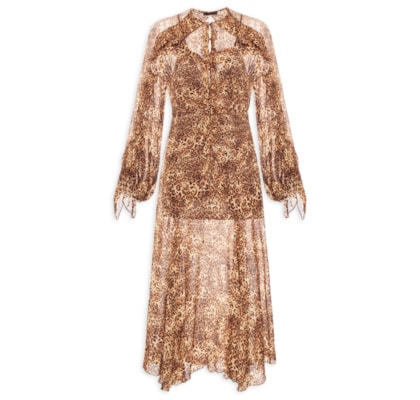 Vestido De Georgette Longo Manga Longo Estampado Nesgas - Animal Print