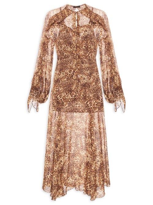Vestido De Georgette Longo Manga Longo Estampado Nesgas - Animal Print
