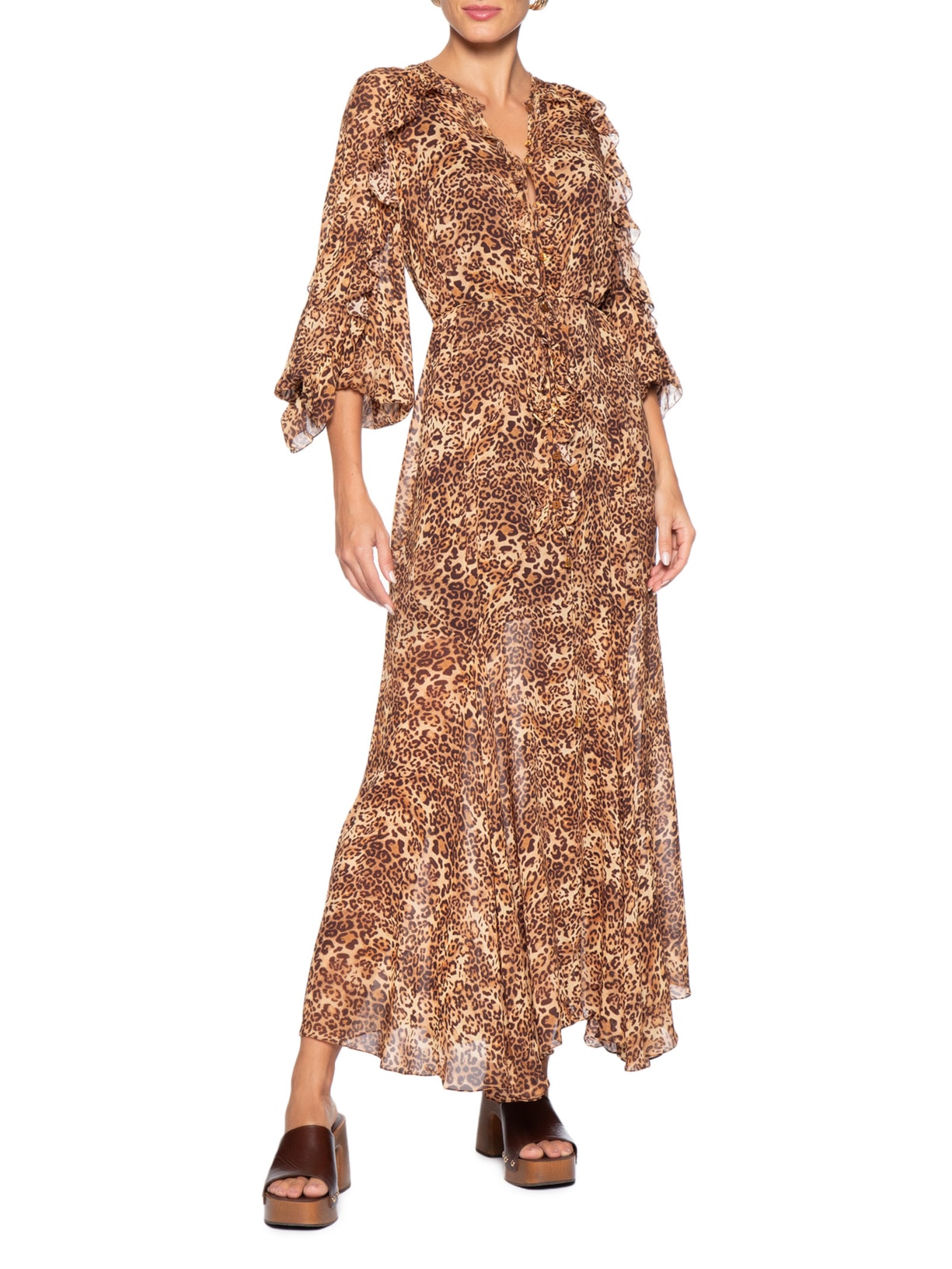 Vestido De Georgette Longo Manga Longo Estampado Nesgas Animal Print Animale