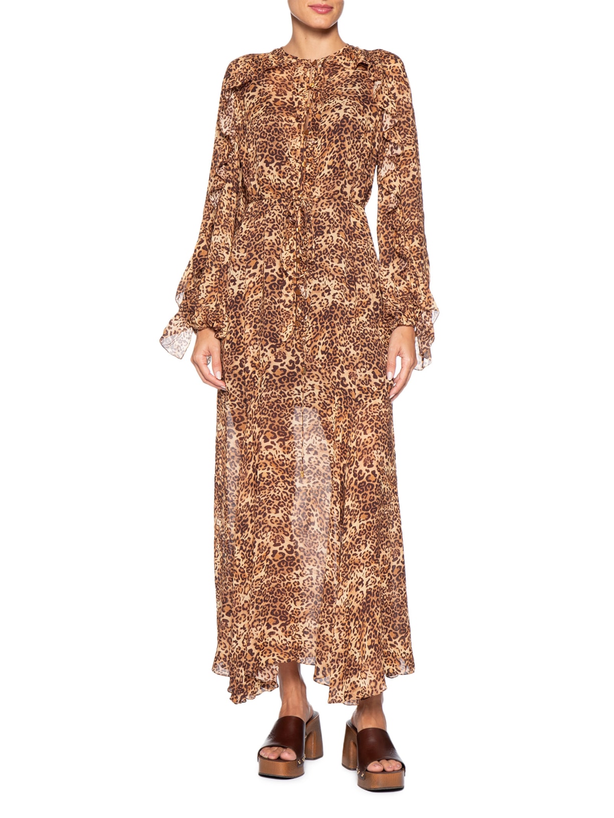 Vestido De Georgette Longo Manga Longo Estampado Nesgas Animal Print Animale
