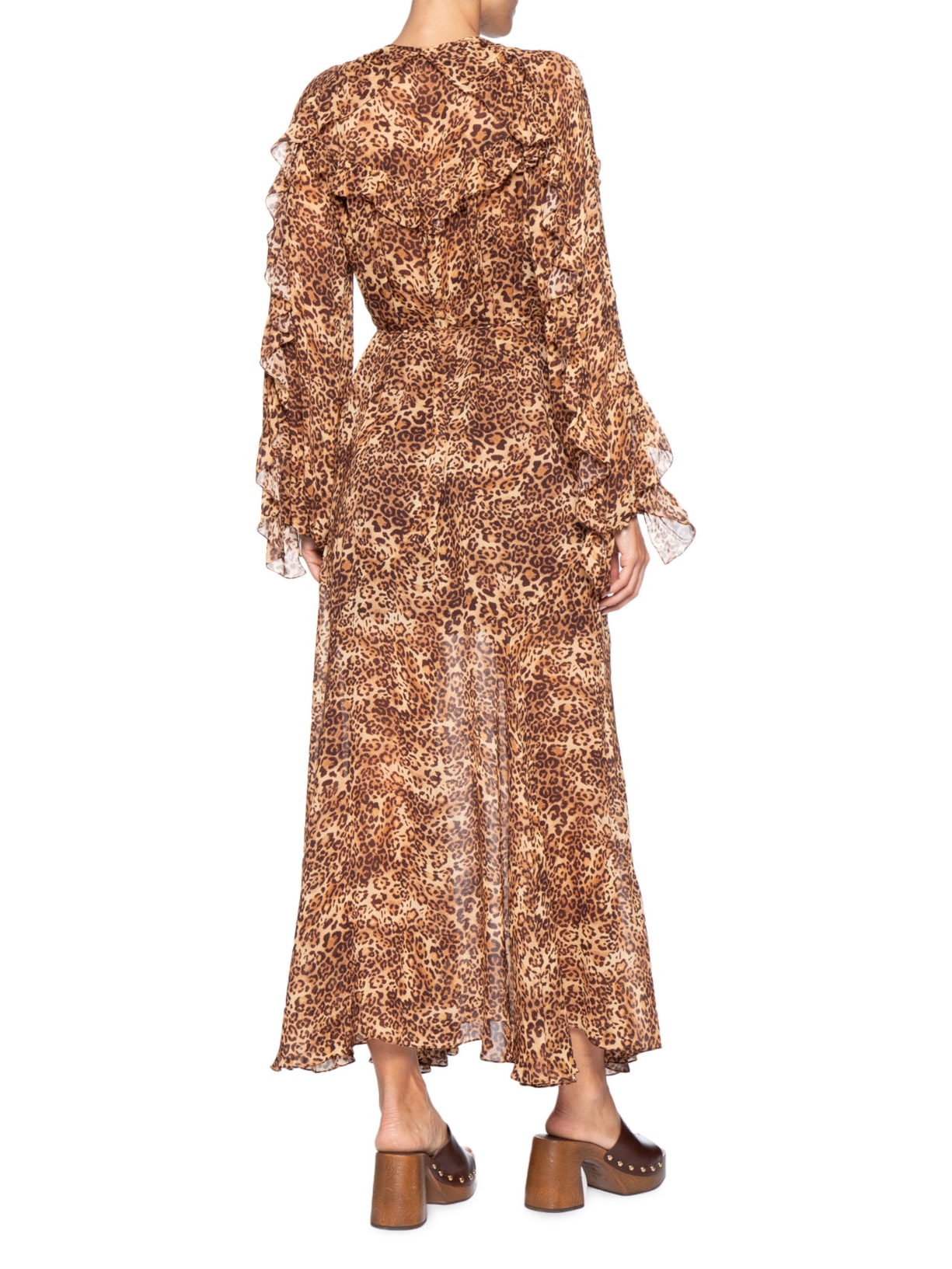 Vestido De Georgette Longo Manga Longo Estampado Nesgas Animal Print Animale