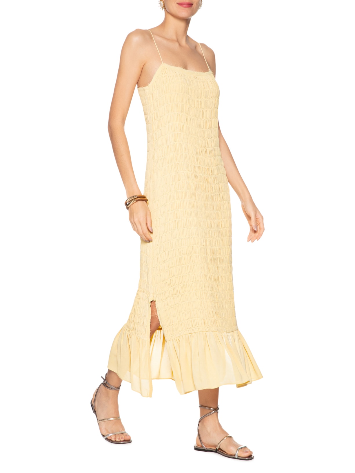 Vestido De Georgette Midi Amarelo Papiro Com Lastex Amarelo Animale
