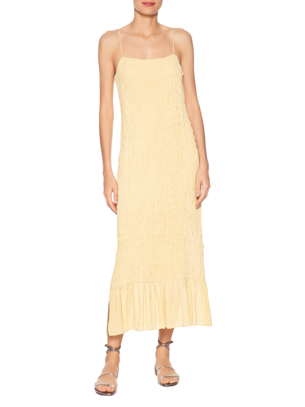 Vestido De Georgette Midi Amarelo Papiro Com Lastex Amarelo Animale