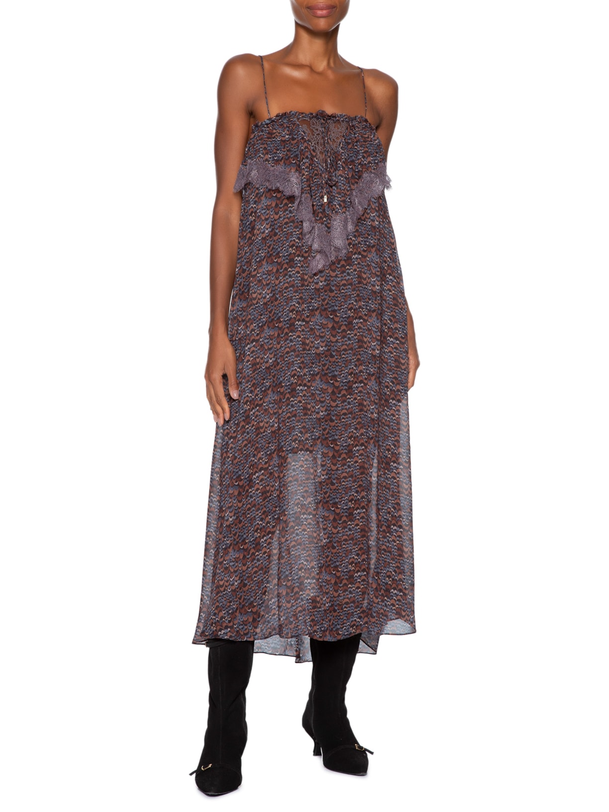 Vestido De Georgette Midi De Alça Estampado Detalhes De Renda Roxo Animale